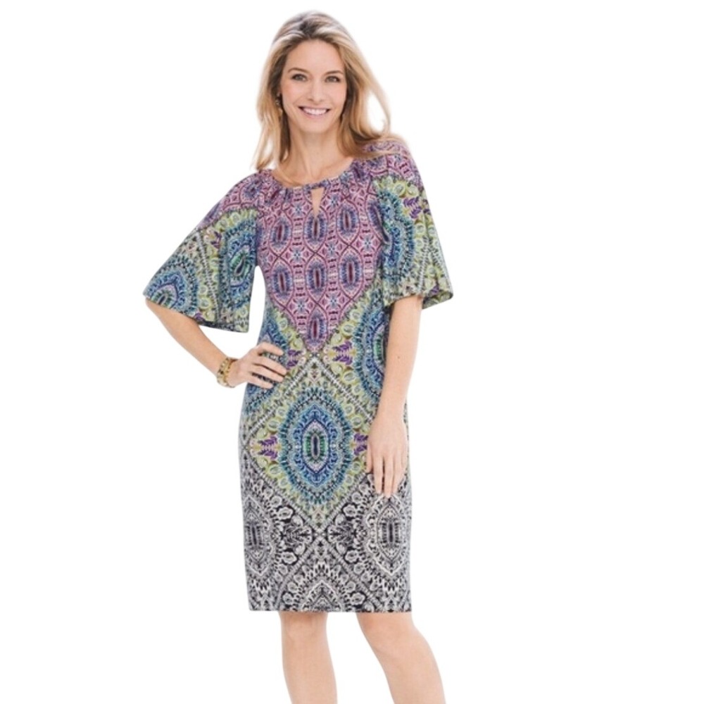 Chico's Medallion Paisley Print Shift Dress Colorful Size 2 Large Short Sleeve
